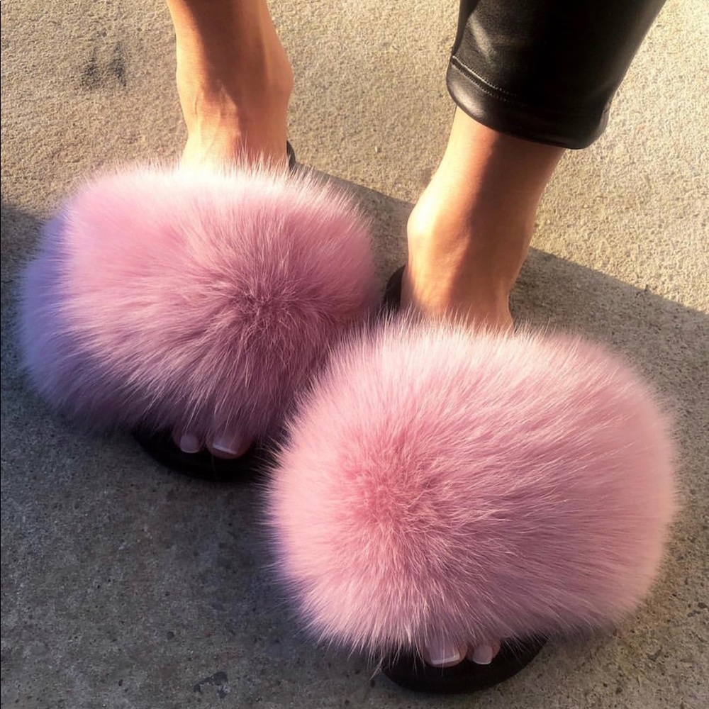 Candy Pink fox fur slides